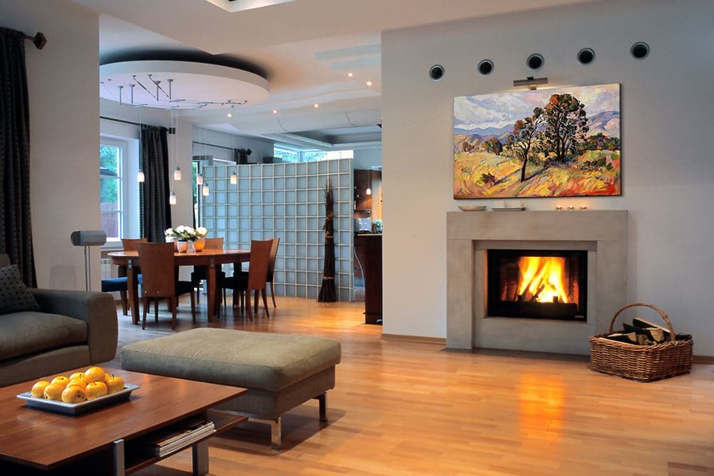 A quiet interior painting with a fireplace by Alexandrea Roach