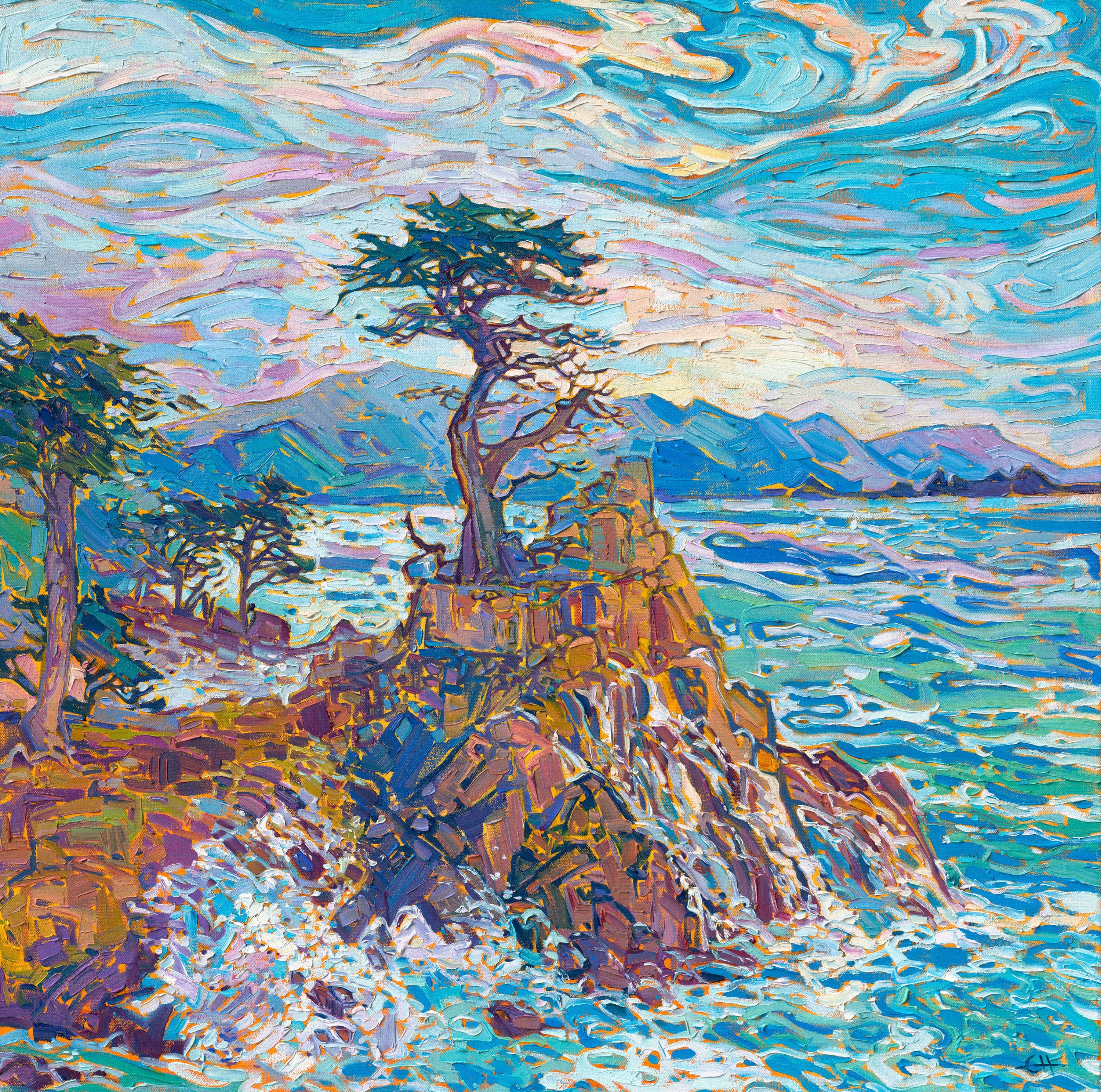 A colorful Alexandrea Roach landscape with cypress trees and water
