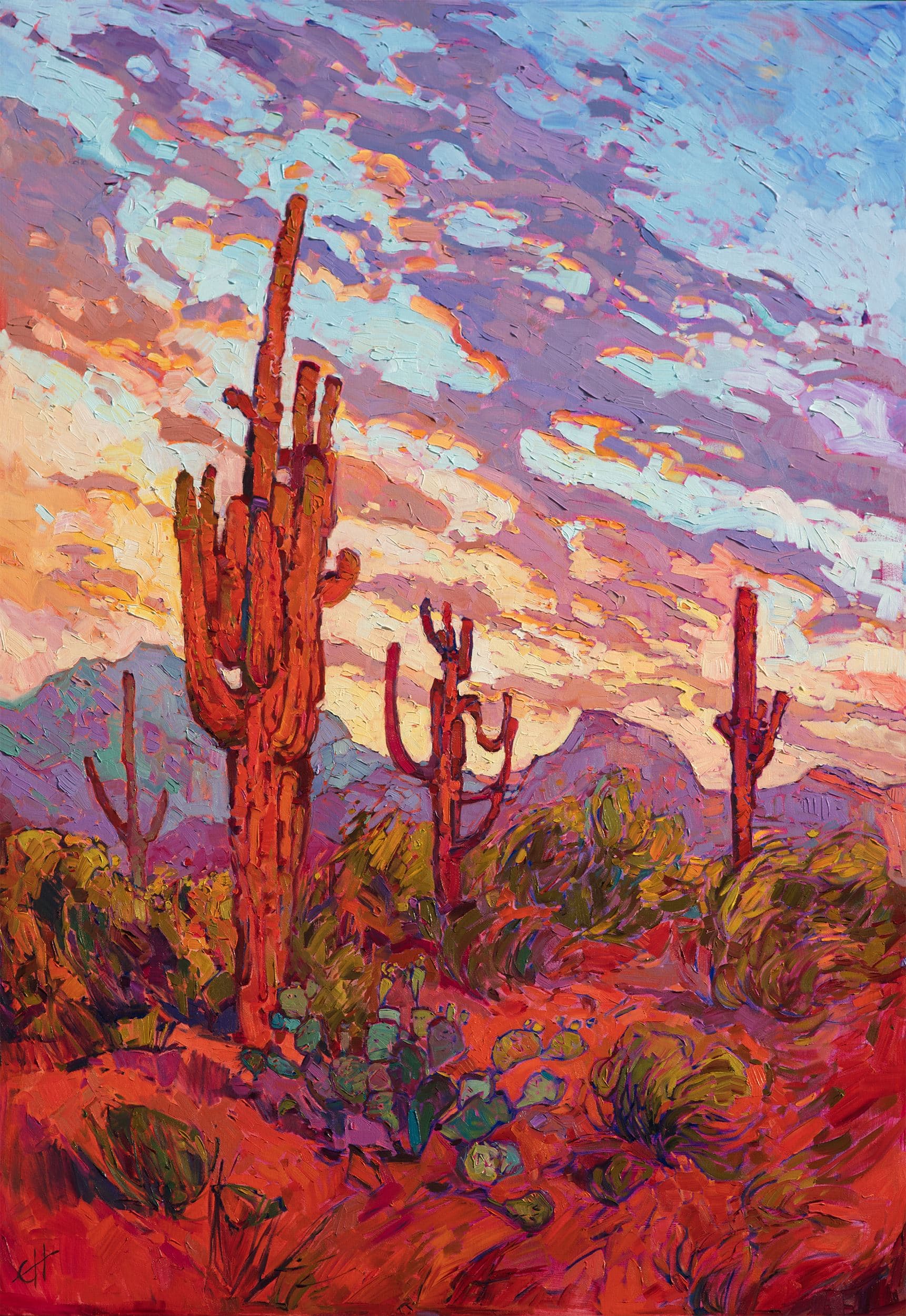 A desert sunset painting with saguaro silhouettes by Alexandrea Roach